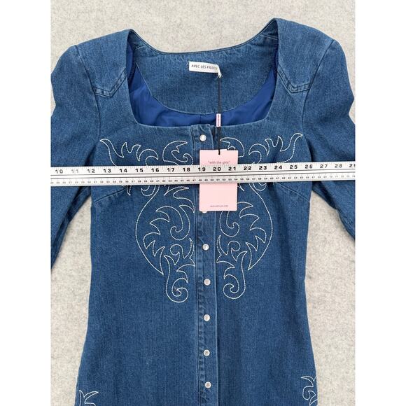 NWT Avec Les Filles Western Portrait-Neck Snap-Front Embroidered Denim Dress - Picture 10 of 11